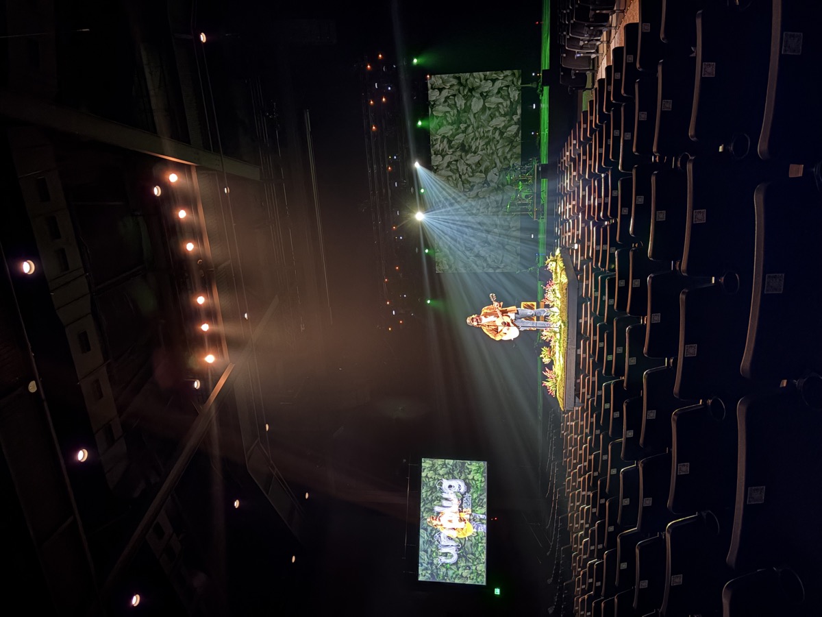 Solo performer on a wide stage lit by a single hard key through heavy haze.